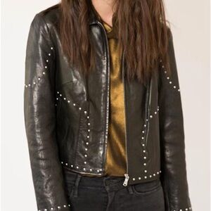 Frame Denim 100% Lamb Leather Noir Studded Front Zip Jacket